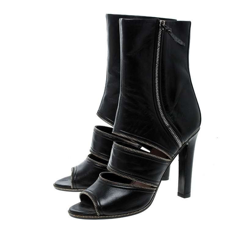 Pre Owned Alaia Black Leather Peep Toe Zipper Booties Size 39