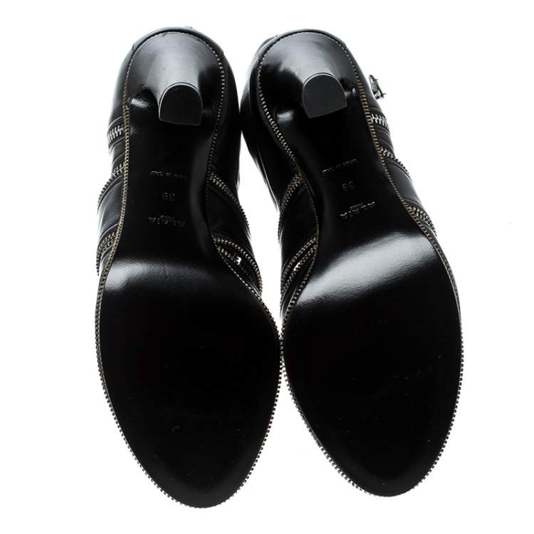 Pre Owned Alaia Black Leather Peep Toe Zipper Booties Size 39