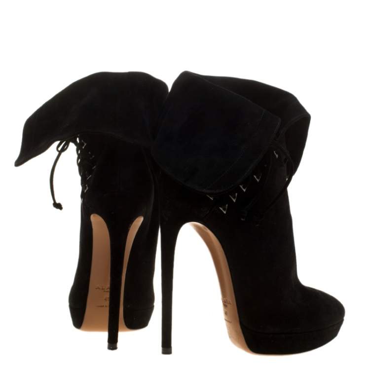 Pre Owned Alaia Black Suede Lace Up Platform Ankle Boots Size 41