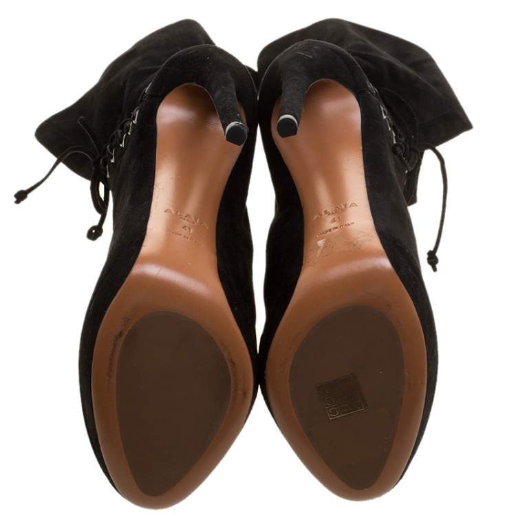 Pre Owned Alaia Black Suede Lace Up Platform Ankle Boots Size 41