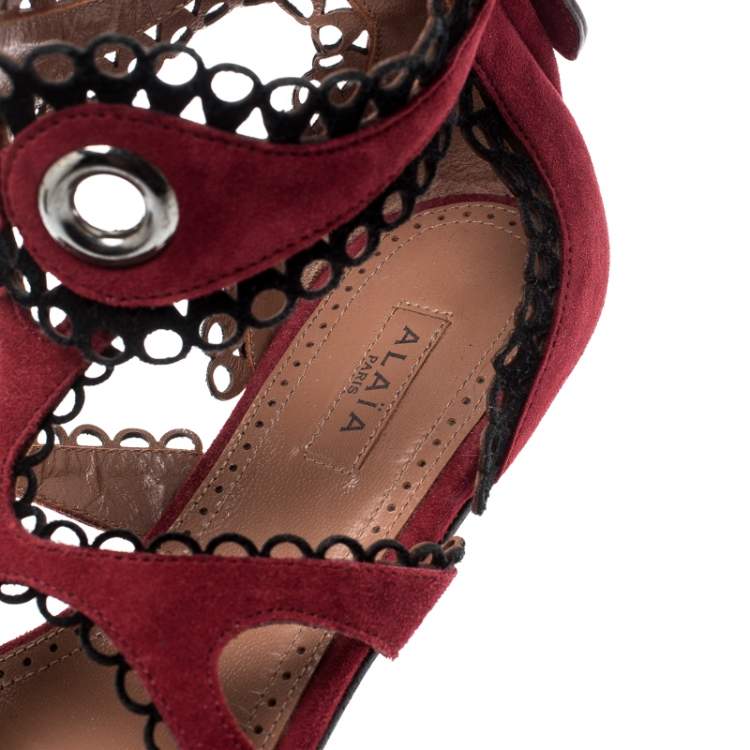 Pre Owned Alaia Maroon Suede Scallop Trim Eyelet Embellished Ankle Cuff Flat Sandals Size 35