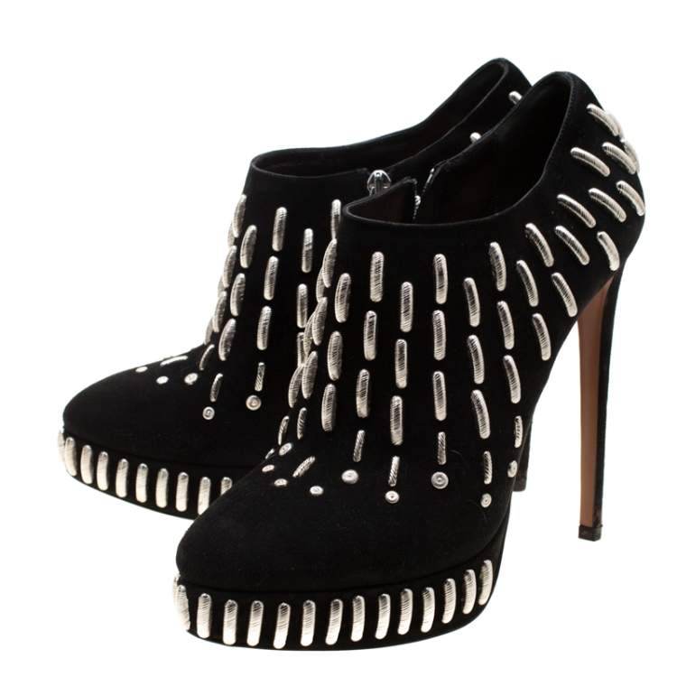 Pre Owned Alaia Black Suede Embellished Platform Ankle Boots Size 39.5
