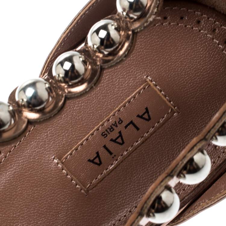 Pre Owned Alaia Brown Leather Studded T Strap Flat Sandals Size 40