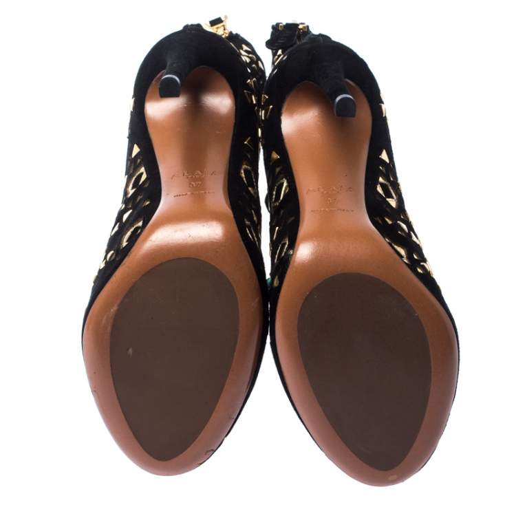 Pre Owned Alaia Black Suede Embellished Lazer Cut Ankle Booties Size 37