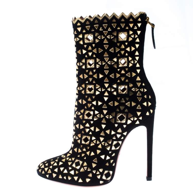 Pre Owned Alaia Black Suede Embellished Lazer Cut Ankle Booties Size 37