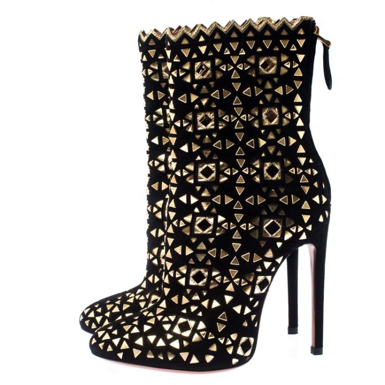 Pre Owned Alaia Black Suede Embellished Lazer Cut Ankle Booties Size 37