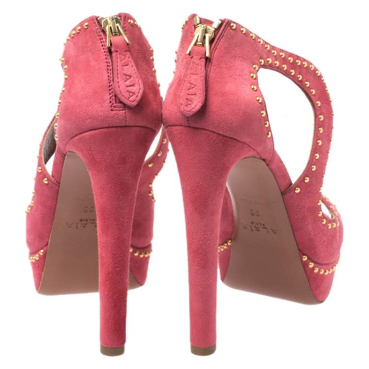 Pre Owned Azzedine Alaia Pink Suede And PVC Studded Peep Toe Platform Sandals Size 38