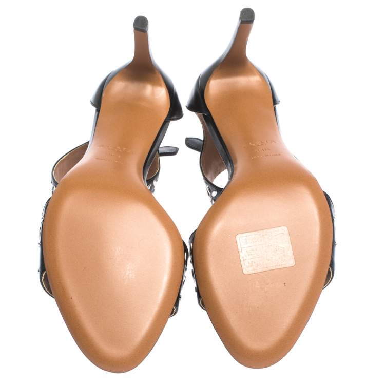 Pre Owned Alaia Black Studded Leather Open Toe Ankle Cuff Sandals Size 38.5