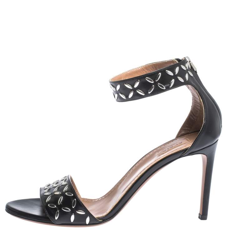 Pre Owned Alaia Black Studded Leather Open Toe Ankle Cuff Sandals Size 38.5