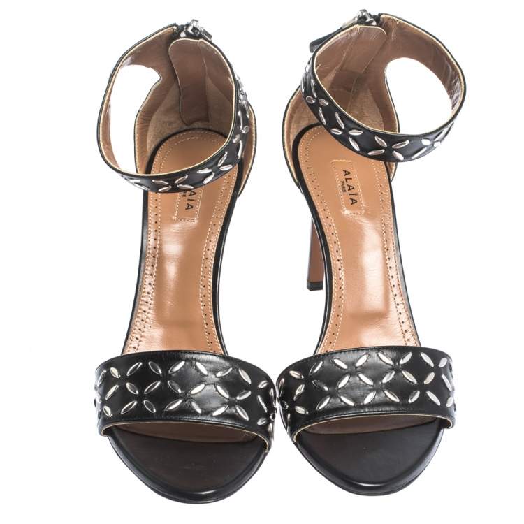 Pre Owned Alaia Black Studded Leather Open Toe Ankle Cuff Sandals Size 38.5