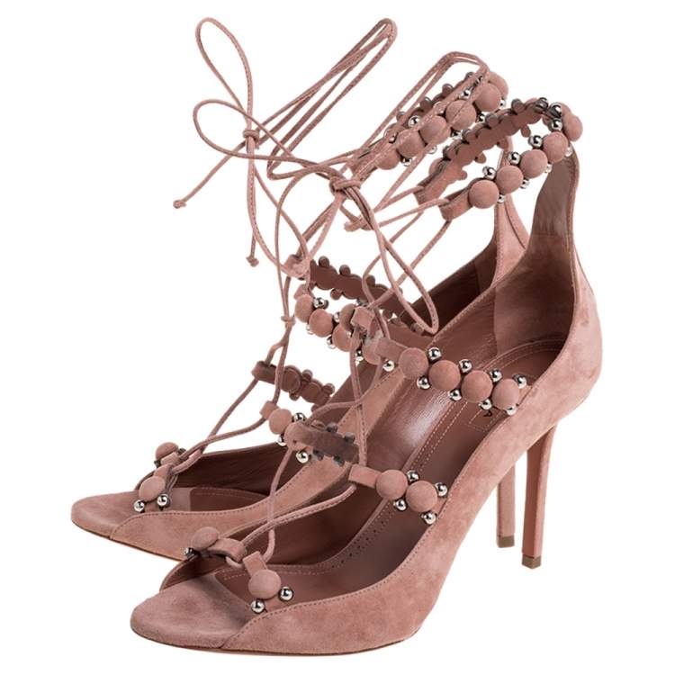Pre Owned Alaia Beige Suede Bombe Embellished Open Toe Ankle Wrap Sandals Size 39