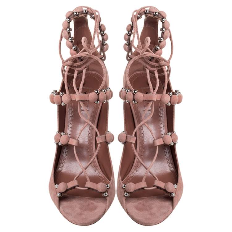 Pre Owned Alaia Beige Suede Bombe Embellished Open Toe Ankle Wrap Sandals Size 39