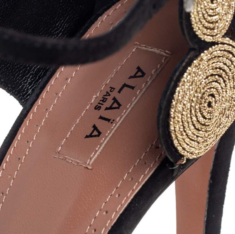 Pre Owned Alaia Black/Gold Suede Circle Embroidery Detail Ankle Strap Sandals Size 40