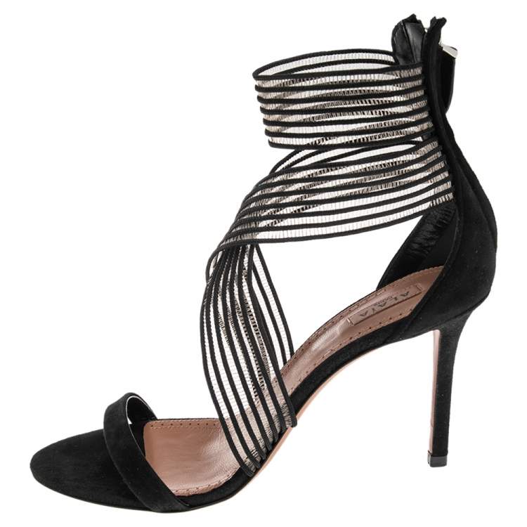 ALAIA Crisscross Mesh High Heel Sandals in Black Suede Size 40
