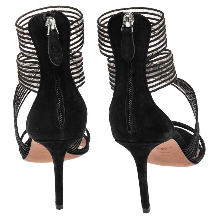 Pre Owned Alaia Black Suede and Net Crisscross Ankle Length Sandals Size 38.5