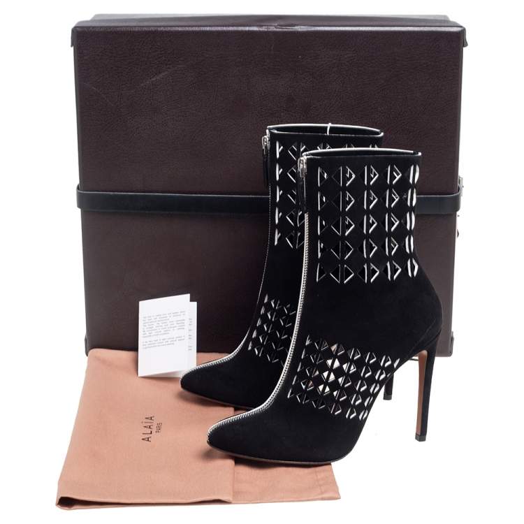 Pre Owned Alaia Black Laser Cut Suede Mid Calf Boots Size 38.5