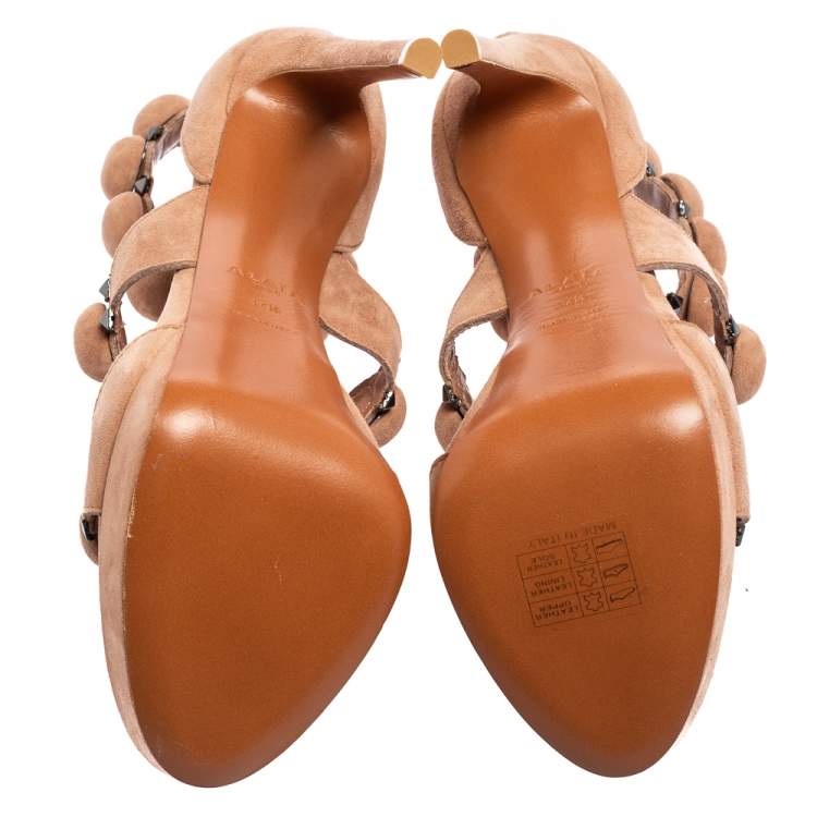 Pre Owned Alaia Beige Suede Bombe Ankle Strap Platform Sandals Size 37.5
