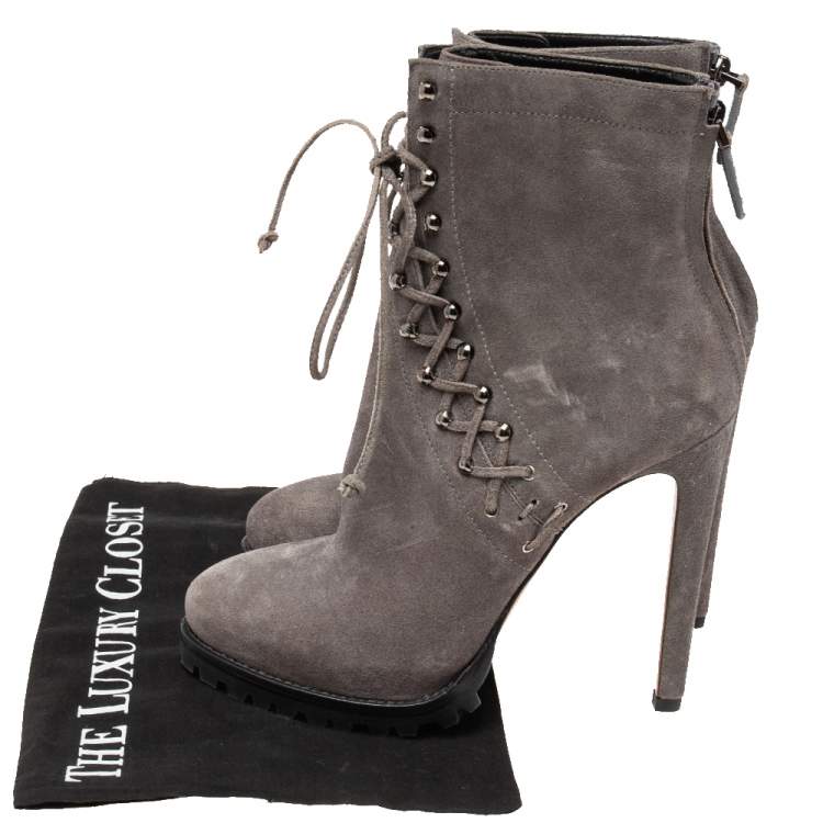 Pre Owned Alaia Grey Suede Lace Up Ankle Boot Size 37.5