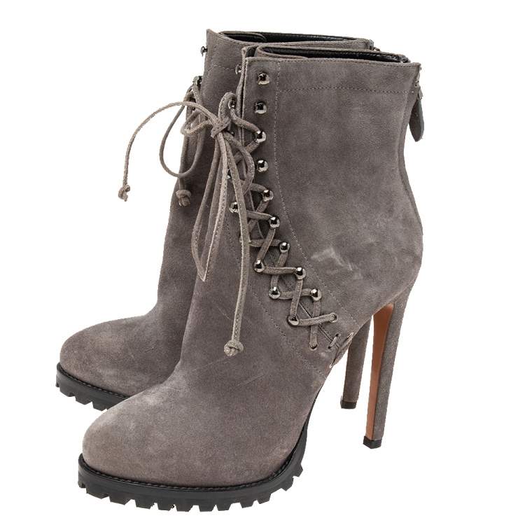 Pre Owned Alaia Grey Suede Lace Up Ankle Boot Size 37.5
