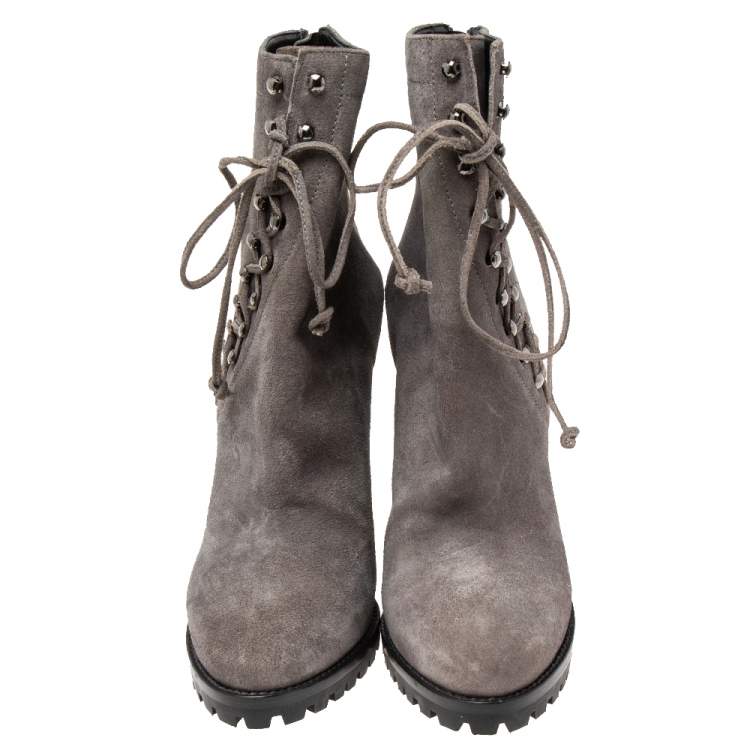 Pre Owned Alaia Grey Suede Lace Up Ankle Boot Size 37.5
