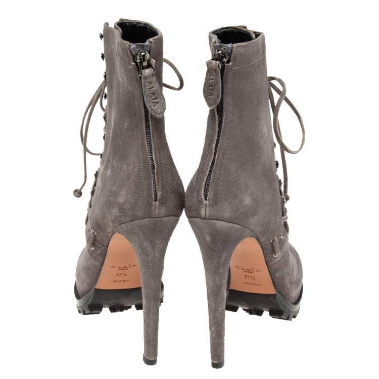 Pre Owned Alaia Grey Suede Lace Up Ankle Boot Size 37.5