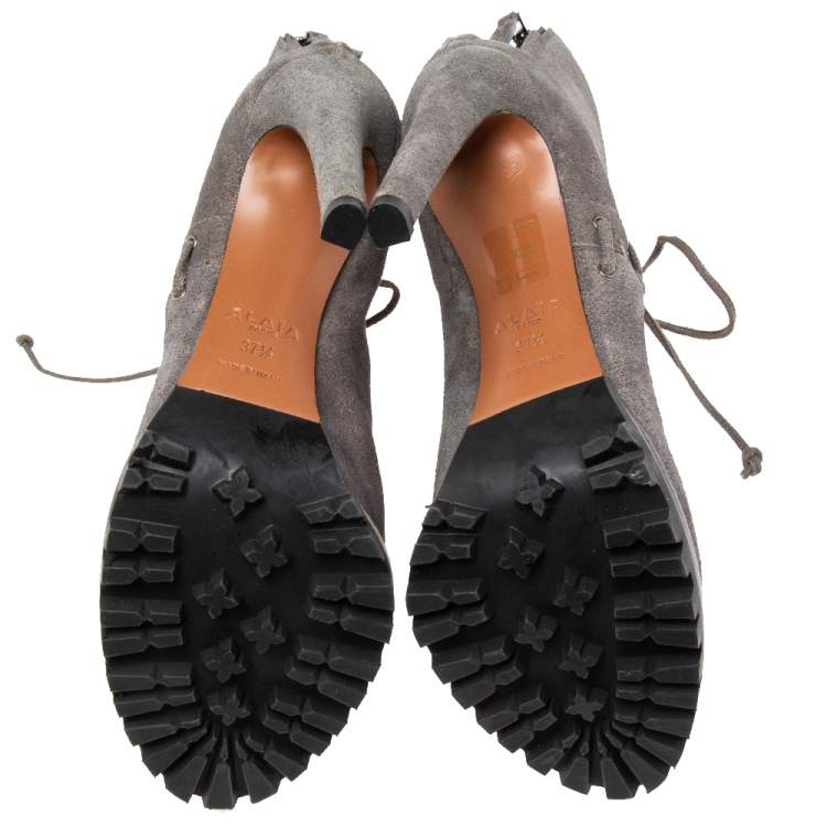 Pre Owned Alaia Grey Suede Lace Up Ankle Boot Size 37.5