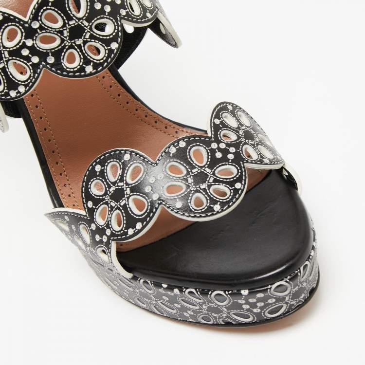 Pre Owned Alaia Black Laser Cut Leather Platform Strap Sandals Size 39.5