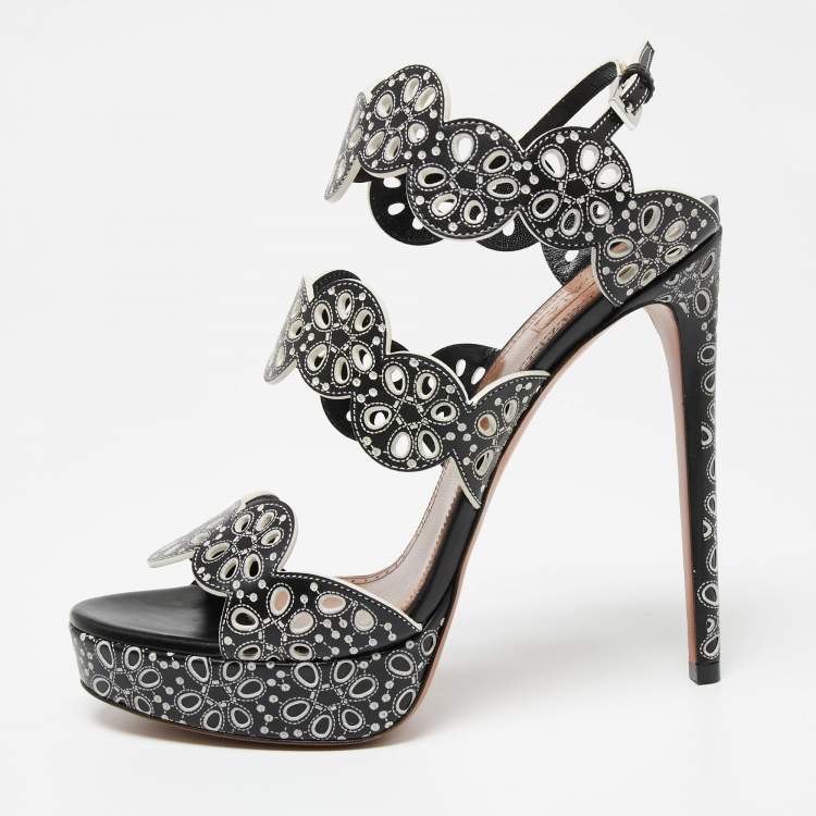 Pre Owned Alaia Black Laser Cut Leather Platform Strap Sandals Size 39.5