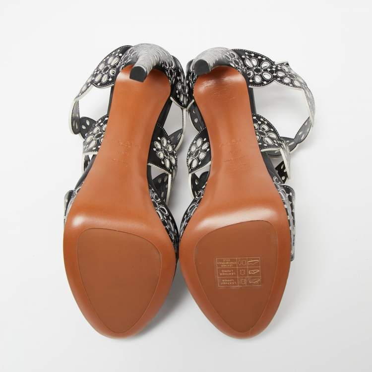 Pre Owned Alaia Black Laser Cut Leather Platform Strap Sandals Size 39.5