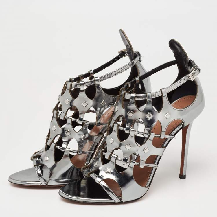 Pre Owned Alaia Metallic Grey Mirror Leather Caged Ankle-Strap Sandals Size 39.5