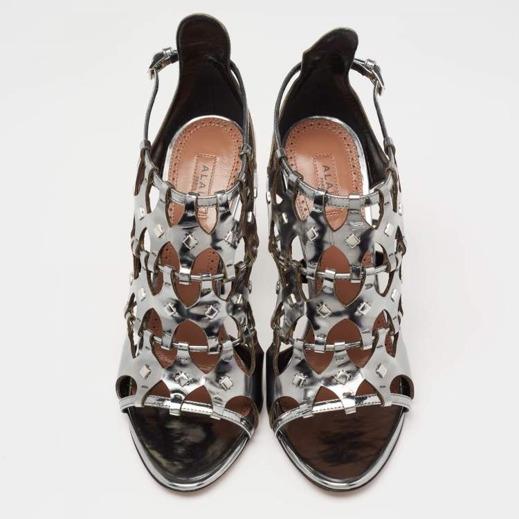 Pre Owned Alaia Metallic Grey Mirror Leather Caged Ankle-Strap Sandals Size 39.5