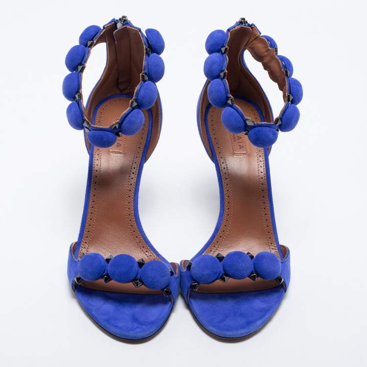 Pre Owned Alaia Blue Suede Bombe Ankle Strap Sandals Size 38.5