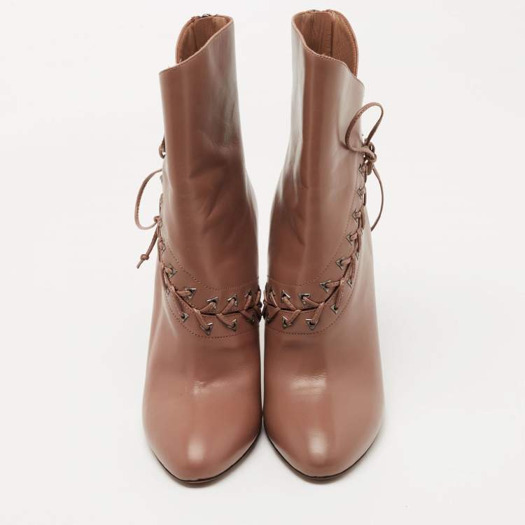 Pre Owned Alaia Brown Leather Lace Up Ankle Booties Size 38.5