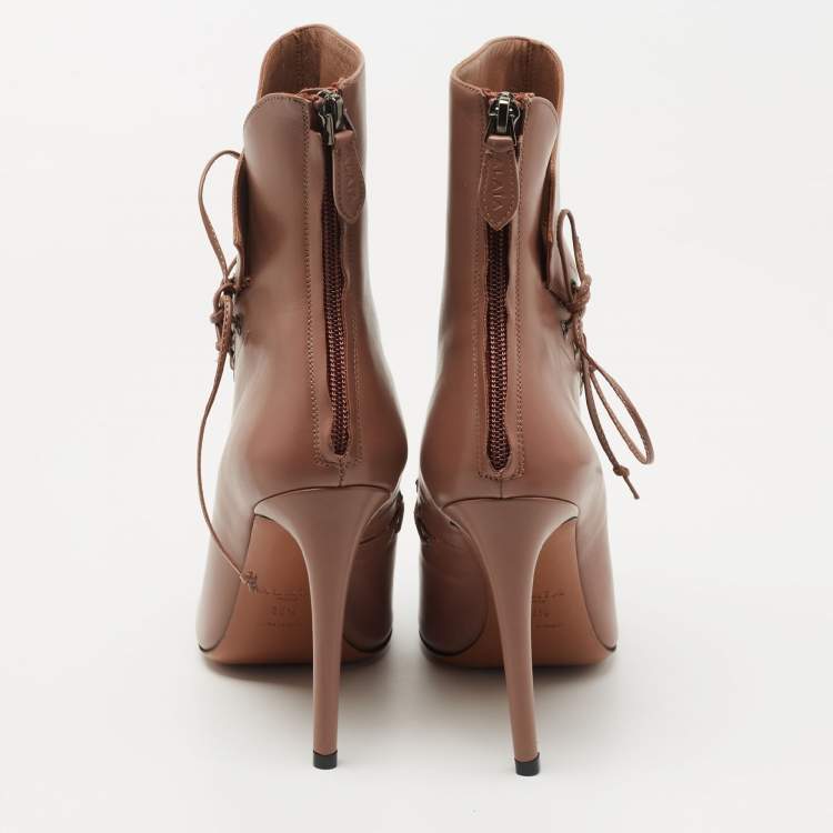 Pre Owned Alaia Brown Leather Lace Up Ankle Booties Size 38.5