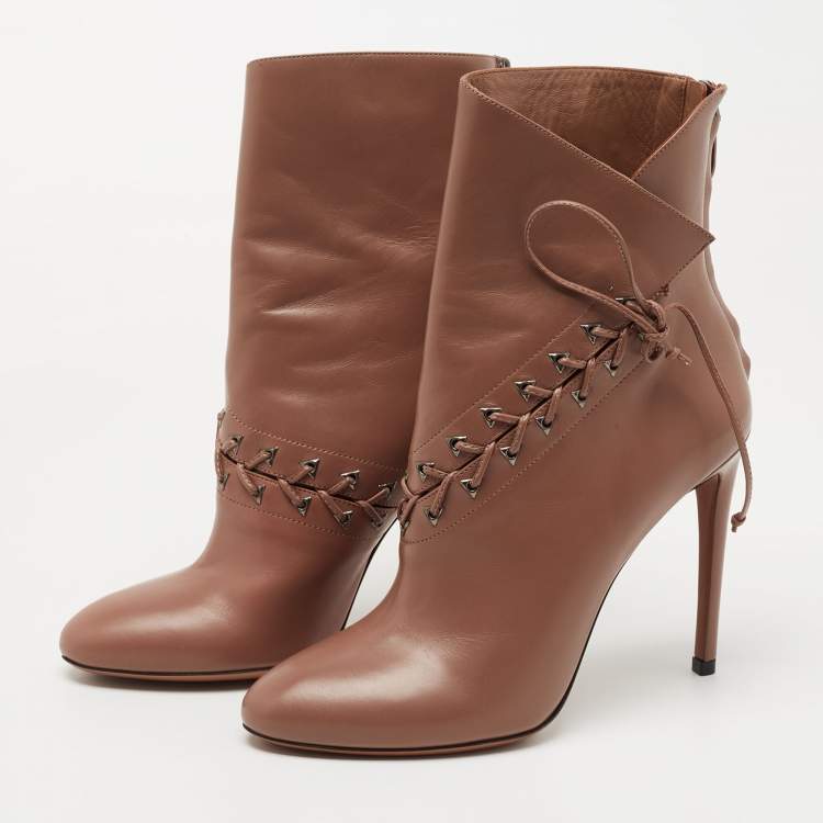 Pre Owned Alaia Brown Leather Lace Up Ankle Booties Size 38.5