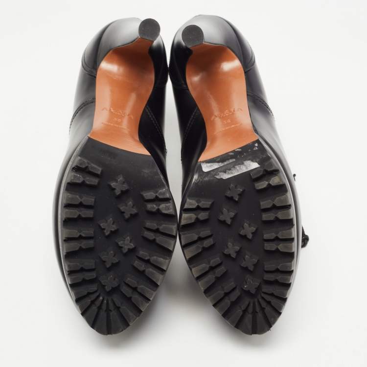 Pre Owned Alaia Black Leather Lace Up Platform Booties Size 38