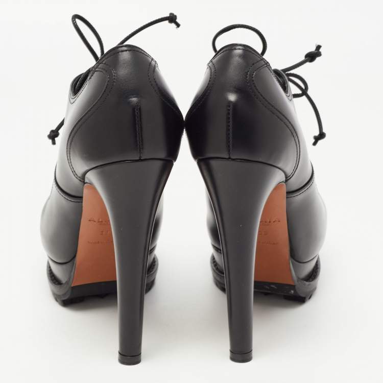 Pre Owned Alaia Black Leather Lace Up Platform Booties Size 38