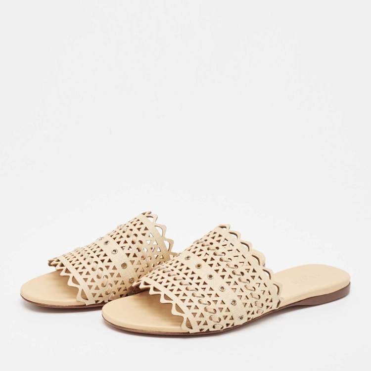 Pre Owned Alaia Beige Leather Flat Slides Size 38
