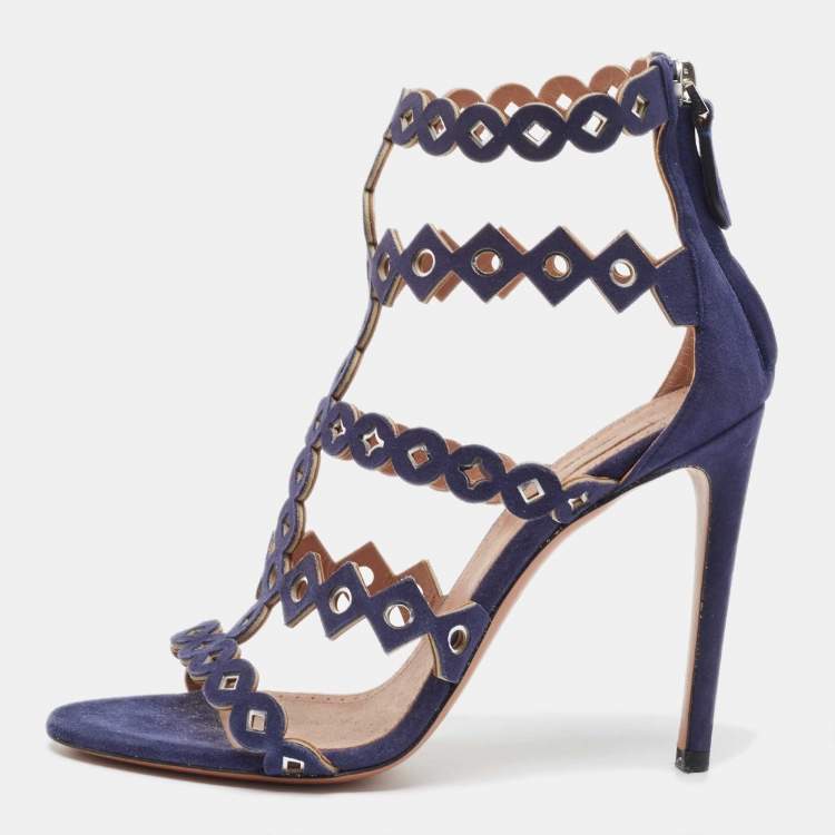 Pre Owned Alaia Navy Blue Laser Cut Suede T-Bar Ankle Strap Sandals Size 37