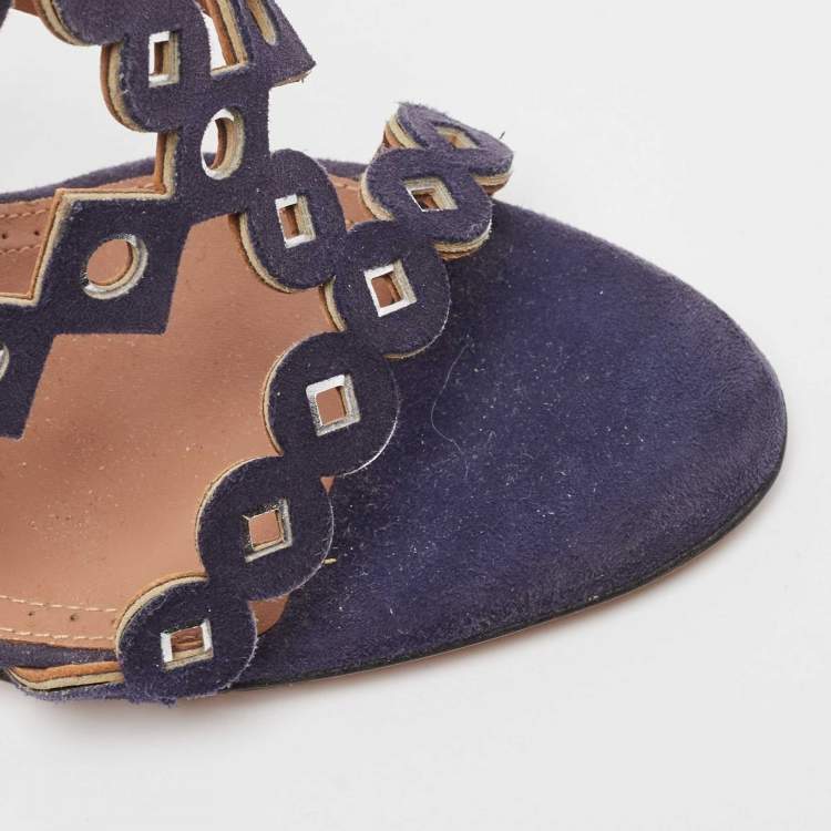 Pre Owned Alaia Navy Blue Laser Cut Suede T-Bar Ankle Strap Sandals Size 37
