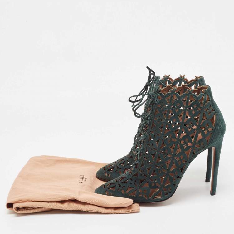 Pre Owned Alaia Green Laser Cut Suede Lace Up Ankle Booties Size 39