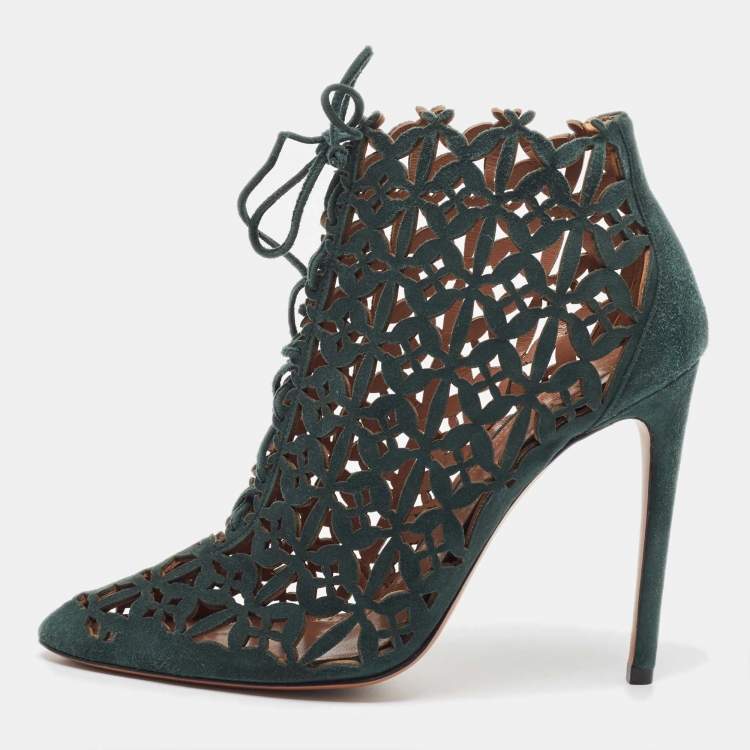 Pre Owned Alaia Green Laser Cut Suede Lace Up Ankle Booties Size 39