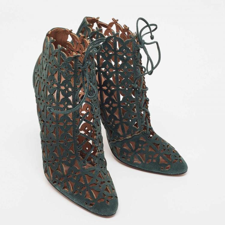Pre Owned Alaia Green Laser Cut Suede Lace Up Ankle Booties Size 39