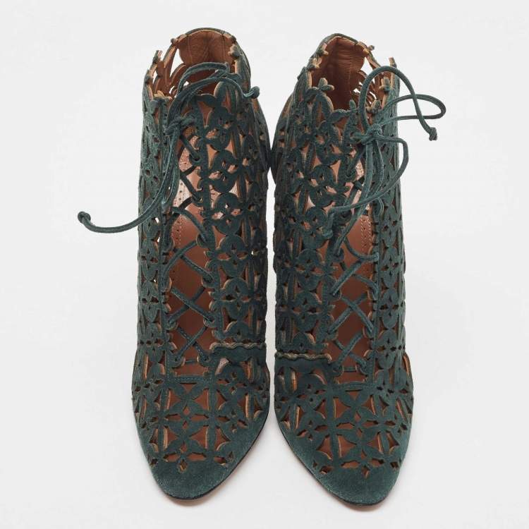 Pre Owned Alaia Green Laser Cut Suede Lace Up Ankle Booties Size 39
