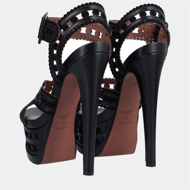 Pre Owned Alaia Black Leather Platform Sandals 36.5