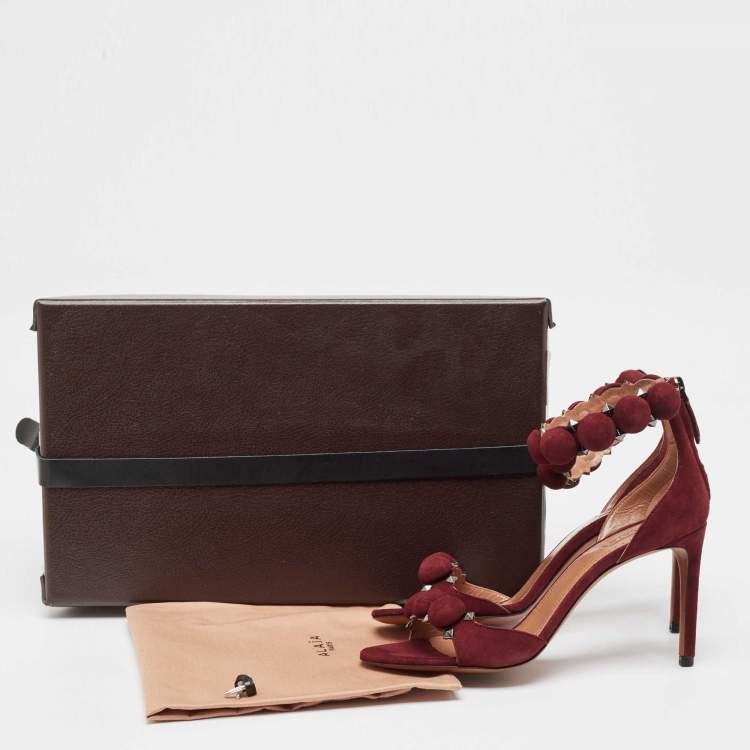 Pre Owned Alaia Burgundy Suede Leather Chamois Bombe Ankle Cuff Sandals Size 37