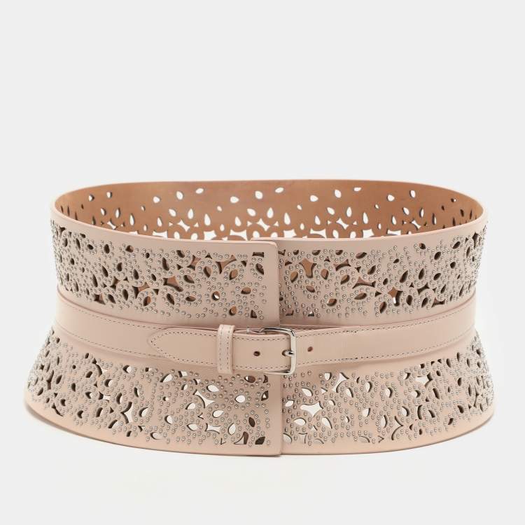 Pre Owned Alaia Light Pink Laser Cut Leather Corset Belt 70CM