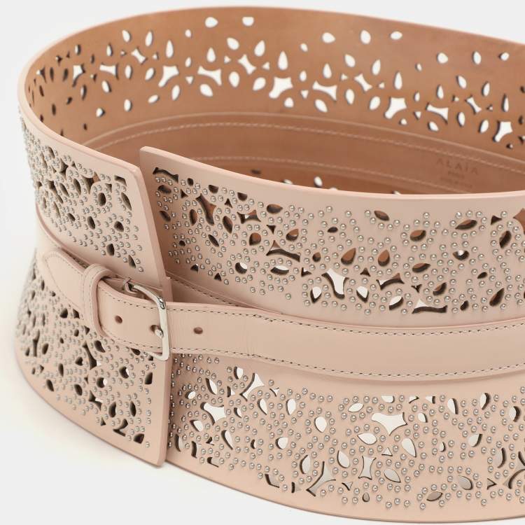 Pre Owned Alaia Light Pink Laser Cut Leather Corset Belt 70CM