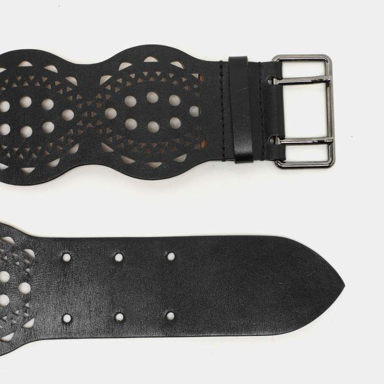 Pre Owned Alaia Black Leather Laser Cut Buckle Waist Belt 70CM