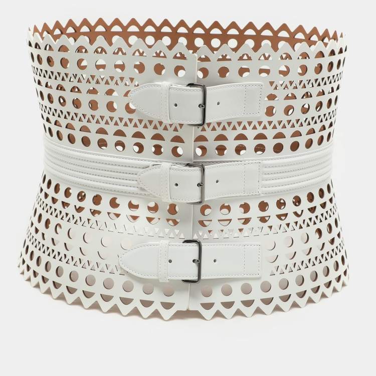 Pre Owned Alaia White Leather Vienne Corset Belt 75CM